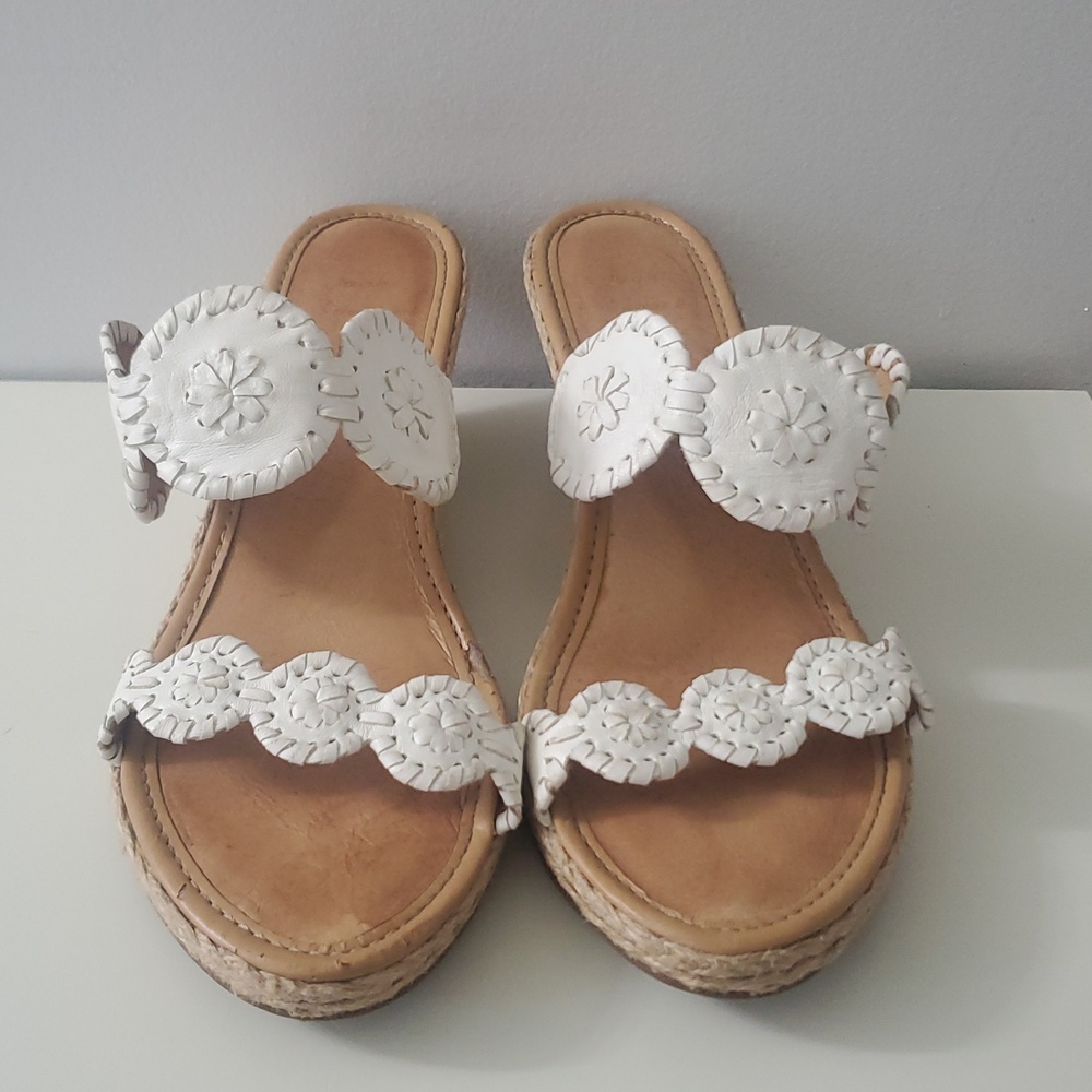 Jack Rogers Shelby Whipstitch White Leather Wedge Sandals with Espadrille 8.5 - Picture 4 of 14